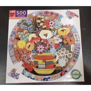 Eeboo Puzzle 500 Pc. Round Jigsaw Purple Bird And Flowers Anisa Makhoul Floral